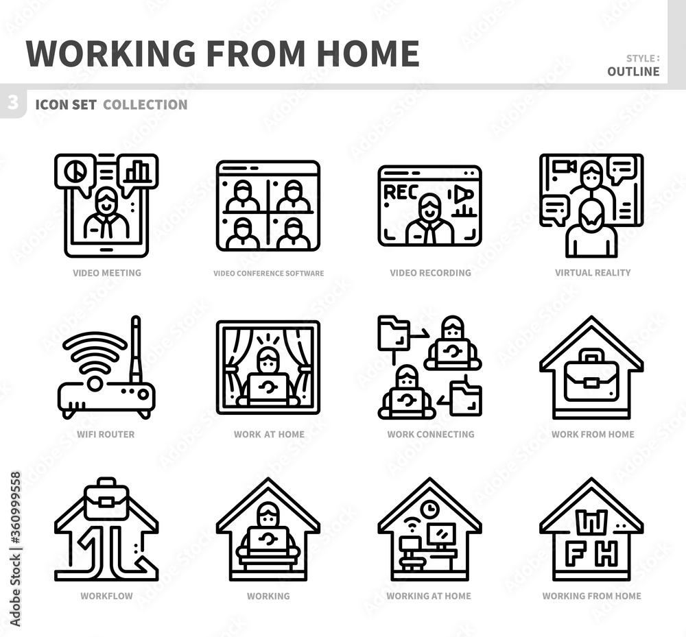 working from home icon set,outline style,vector and illustration