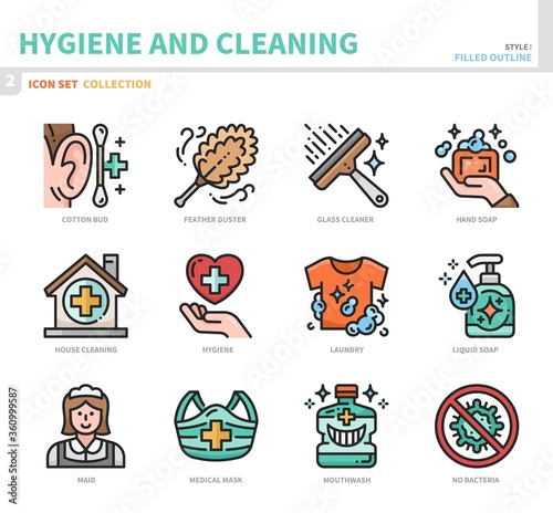hygiene and cleaning icon set,filled outline style,vector and illustration