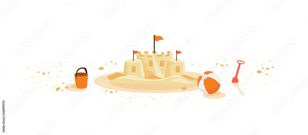 Isolated yellow summer sand castle with children toys bucket shovel ball left on sand grain. Minimalist cartoon style flat vector illustration on white background.