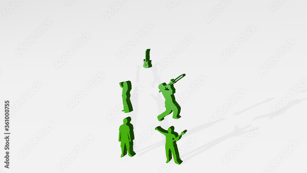 musicians from a perspective on the wall. A thick sculpture made of metallic materials of 3D rendering. illustration and band musicians from a perspective on the wall. A thick sculpture made of metallic materials of 3D rendering. illustration and band