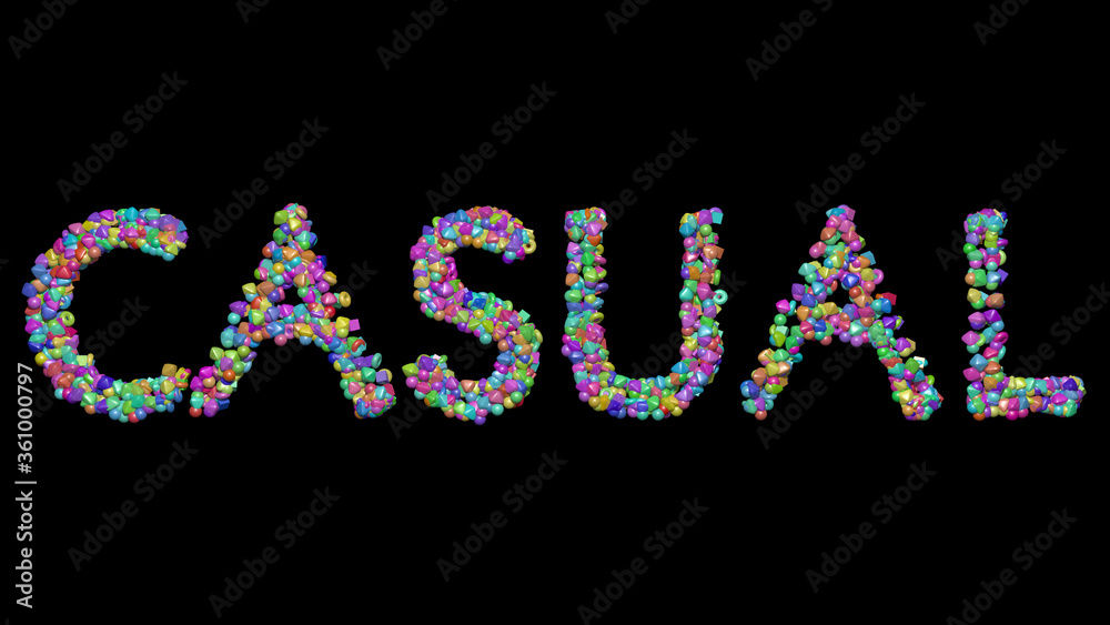 casual written in 3D illustration by colorful small objects casting shadow on a black background. adult and young casual written in 3D illustration by colorful small objects casting shadow on a black background. adult and young