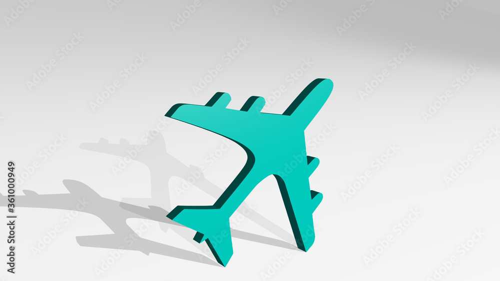 AEROPLANE on the wall. 3D illustration of metallic sculpture over a white background with mild texture. airplane and aircraft