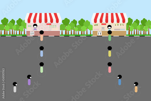 Vector - Symbol people wearing face mask standing with distance queue in front of shop during Coronavirus (Covid-19) epidemic. Social distancing, Healthcare concept.