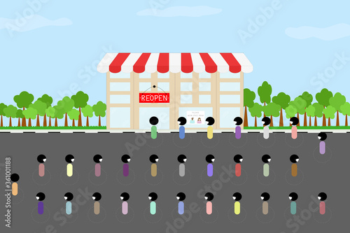Vector - Symbol people wearing face mask standing with distance queue in front of shop during Coronavirus (Covid-19) epidemic. Social distancing, Healthcare concept. Copy space.
