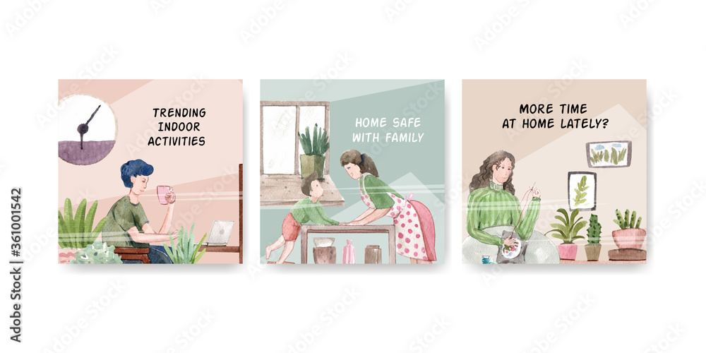 stay at home advertise concept with people character make activity  illustration watercolor design