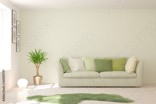 White living room with sofa. Scandinavian interior design. 3D illustration