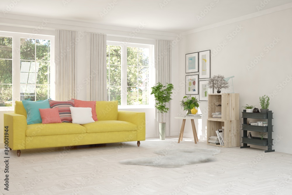 Fototapeta premium White living room with sofa and summer landscape in window. Scandinavian interior design. 3D illustration