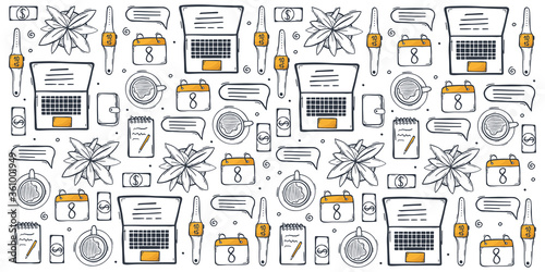 Freelance hand draw doodle background with popular symbols and elements of remote work.