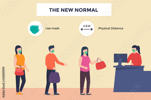 Customer visitor cashier buy payment in store maintain physical distance wearing mask in new normal era after the corona virus pandemic flat cartoon style