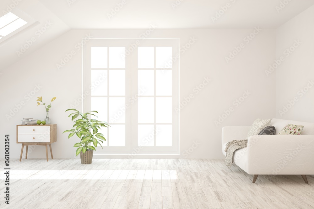 Fototapeta premium White living room with sofa. Scandinavian interior design. 3D illustration