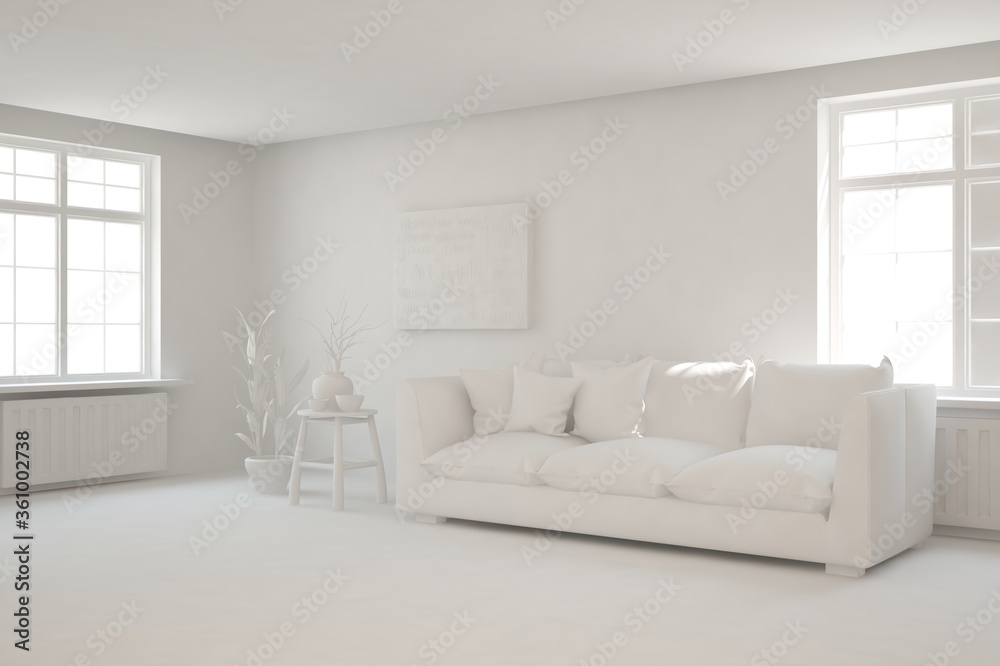 Fototapeta premium White minimalist living room with sofa. Scandinavian interior design. 3D illustration