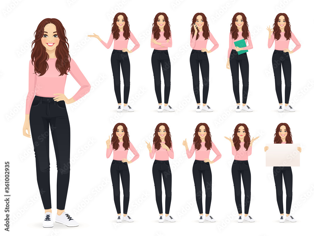 Fototapeta premium Young woman with long hair in casual style clothes set different gestures isolated vector iilustration