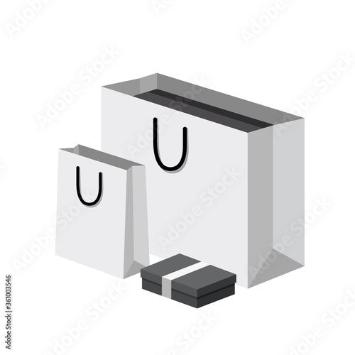 Various sizes of white luxury shopping bags & black gift box tied with ribbon flat design concept set. Vector isometric illustration for interface app ui ux web banner isolated on white background