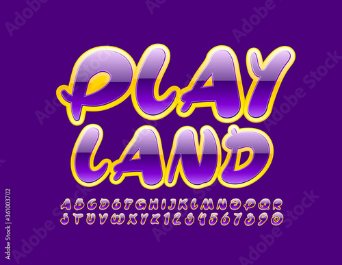 Vector happy sign Play Land with creative Purple and Yellow Font. Glossy Alphabet Letters and Numbers