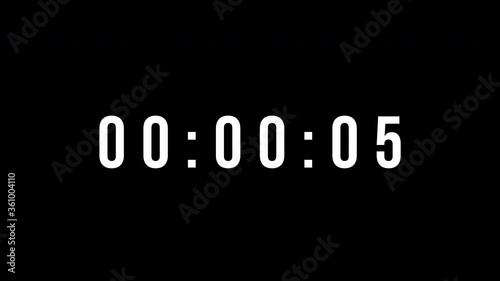 Digital count up timer from zero second to one minute or 60 seconds. White text number on isolated black background. Element for overlay concept. 4K footage motion video photo