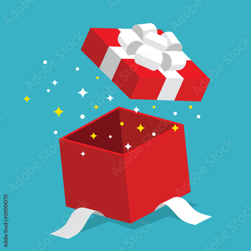 Single red square open giftbox present with white ribbon bow flat isometric illustration design, surprise with confetti, graphic vector interface app icon ui ux banner web isolated on blue background