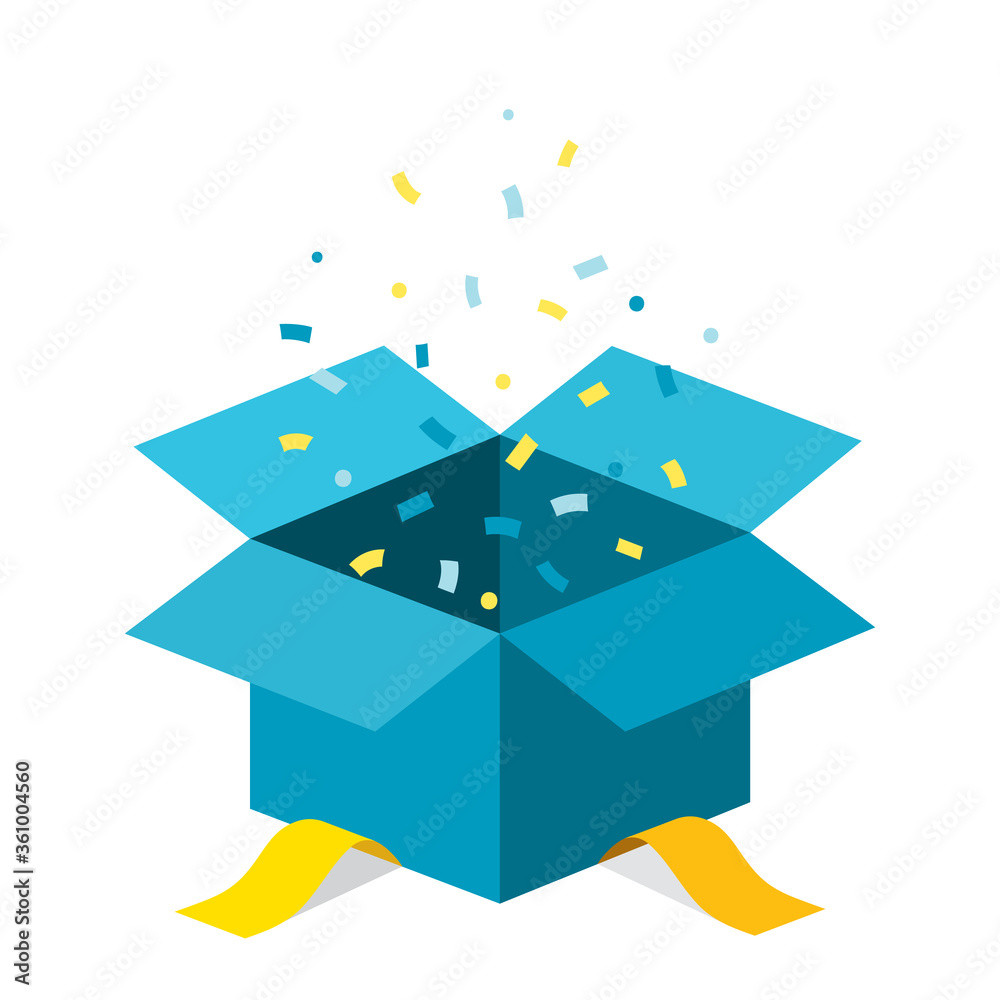 Single blue open giftbox / square present with yellow ribbon bow flat ...