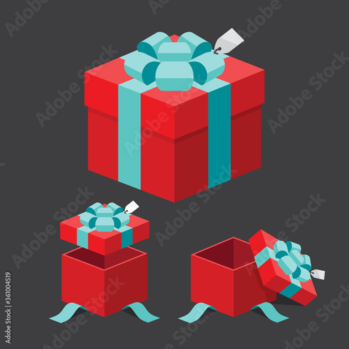 Open & close red gifts /present boxes with gree color ribbon bows flat design illustration. Isometric vector interface elements for app icon ui ux banner web invitation isolated on white background