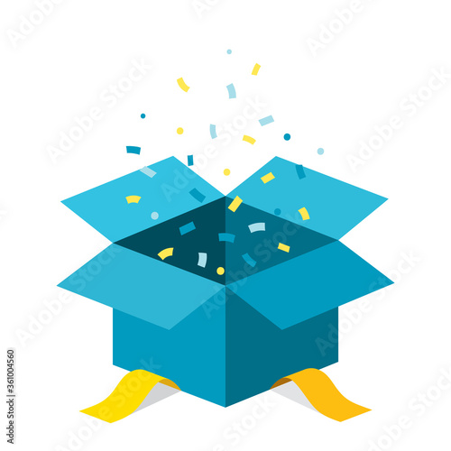 Single blue open giftbox / square present with yellow ribbon bow flat isometric illustration design, surprise with confetti, vector interface app icon ui ux banner web isolated on white background