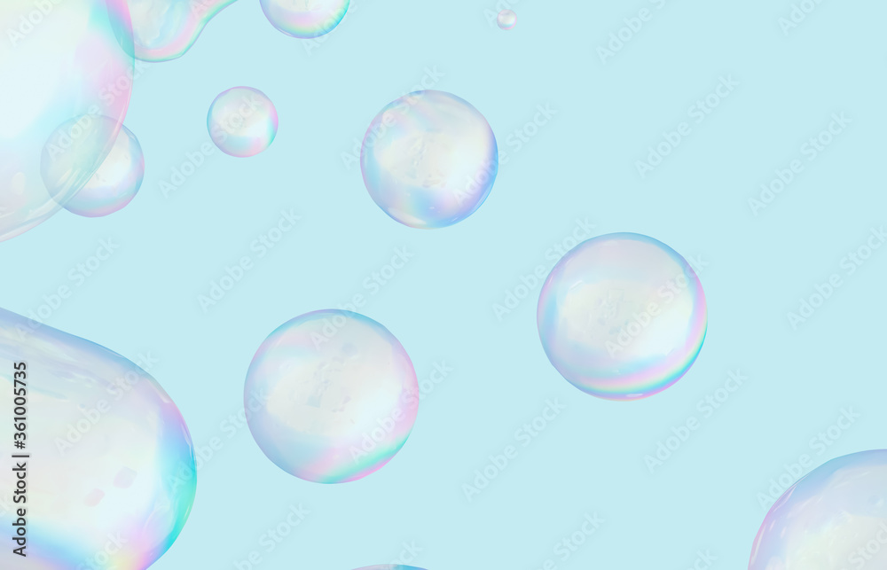 Abstract 3d art with holographic floating liquid blobs, soap bubbles, metaballs.