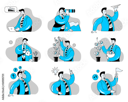 A set of illustrations on the topic of business. Concept vector illustration with a businessman. Images in the outline style in two-color scheme.