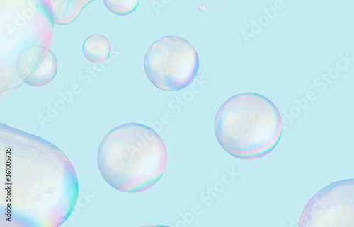 Abstract 3d art with holographic floating liquid blobs, soap bubbles, metaballs.