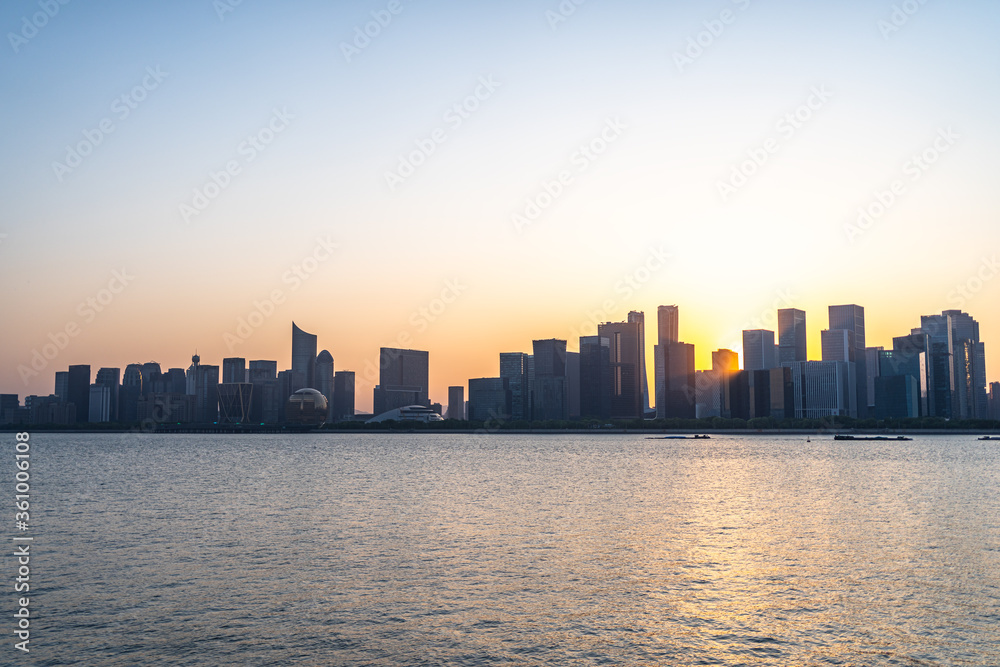 hangzhou skyline at sunset