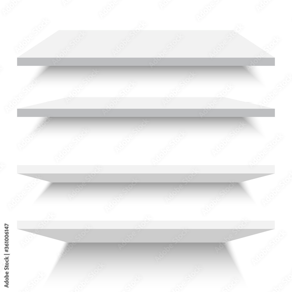 Empty white shelves isolated against a wall. Vector illustration. Empty white shelves isolated against a wall. Vector illustration.