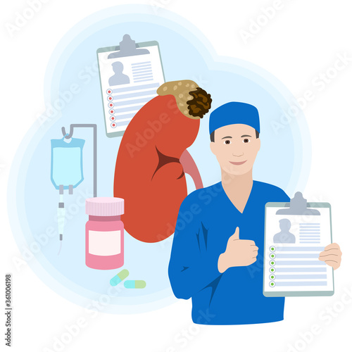 Adrenal gland tumor. Disease. Treatment, pills, bottle, drop counter, dropper. Smiling doctor with diagnosis, patiant card. Thumb up. Recovery. Medical flat anatomy illustration.