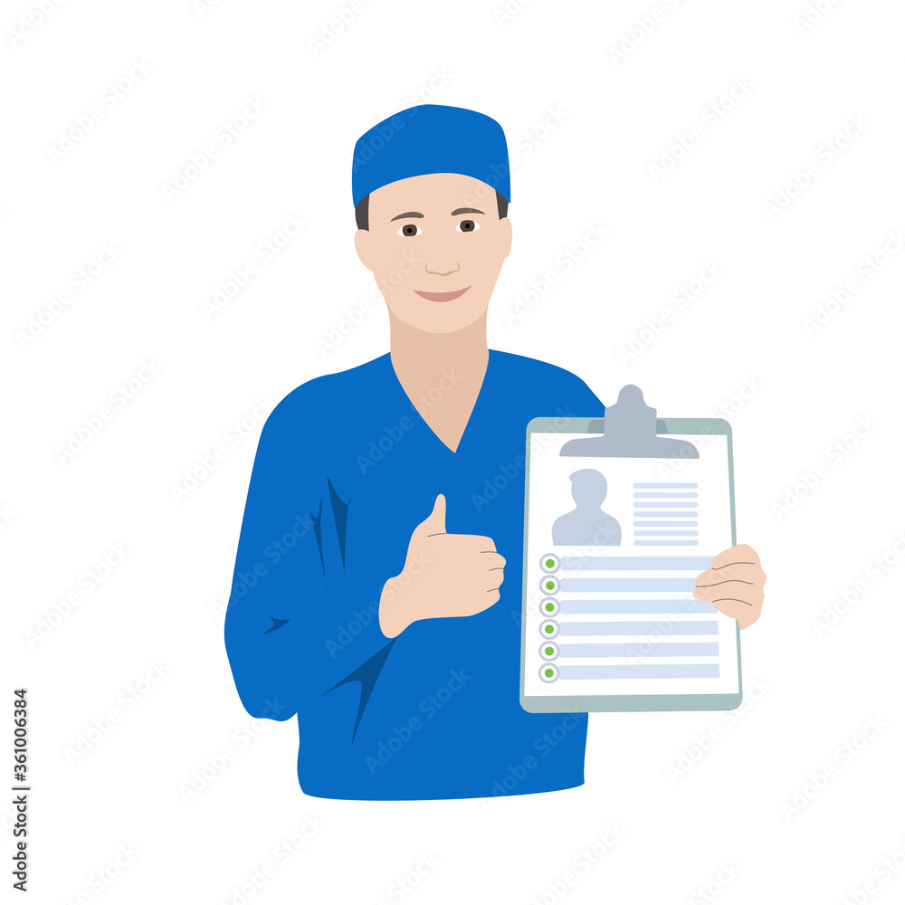 Smiling doctor with diagnosis, patiant card. Thumb up. Medical flat anatomy illustration. Smiling doctor with diagnosis, patiant card. Thumb up. Medical flat anatomy illustration.