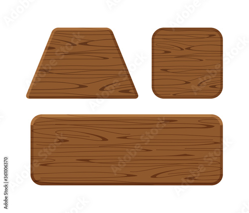 wooden plank different collection isolated on white background, trapezoid wood shape, wooden square, horizontal wood shaped plank dark brown, wooden panel for sign decoration