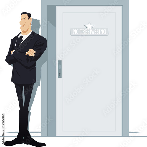 Security guard or bouncer working at door.