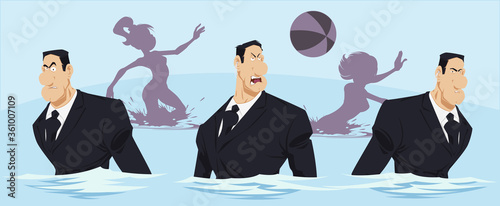 Security guards protect girls in water. Funny people.