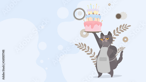 Funny cat holds a festive cupcake. Sweets with cream, muffin, festive dessert, confectionery. Good for happy birthday cards. Vector flat style.