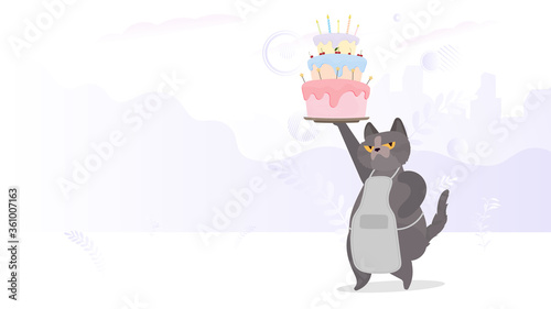 Funny cat holds a festive cupcake. Sweets with cream, muffin, festive dessert, confectionery. Good for happy birthday cards. Vector flat style.