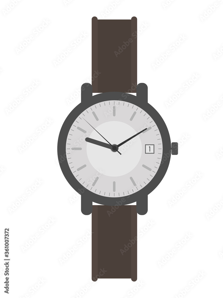 Wristwatch with a white dial and a brown strap. Wristwatch in a flat style. Isolated. Vector. Wristwatch with a white dial and a brown strap. Wristwatch in a flat style. Isolated. Vector.
