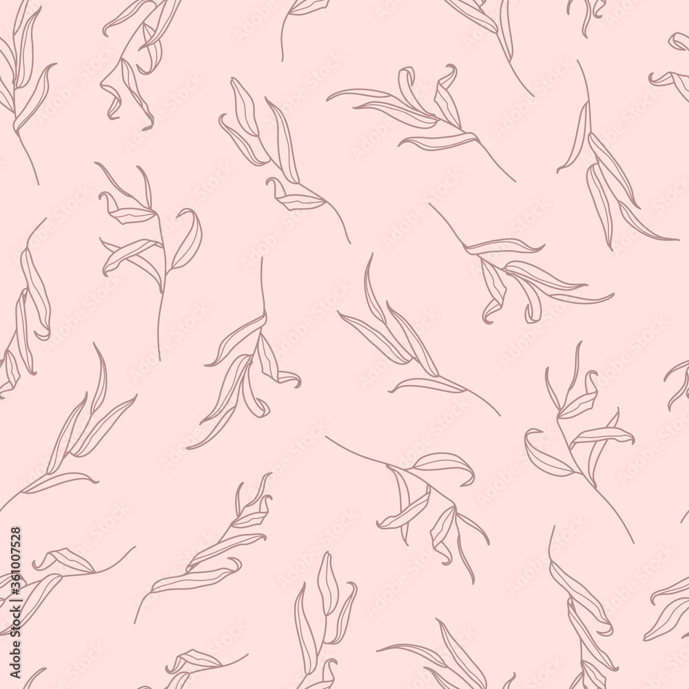 Fototapeta premium Willow Branch with Leaves Seamless Pattern in a Trendy Minimal Style. Floral Pink Vector Ornament
