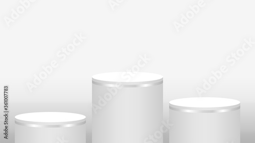 pedestal cylinder circle 3 steps for cosmetics showcase, podium circle stage white grey and silver color, platform three steps and advertising copy space, podium round five layers of product display
