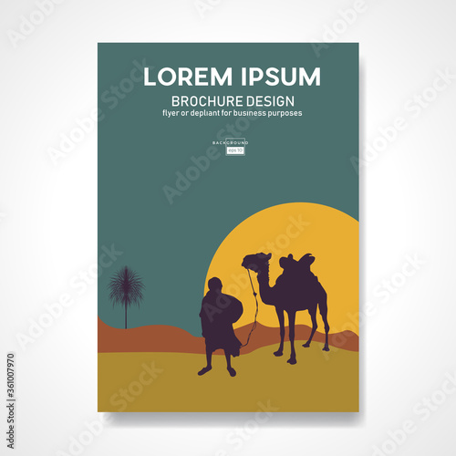Caravan in the desert, camel and bedouin in the Sahara. Retro vector background and illustration.