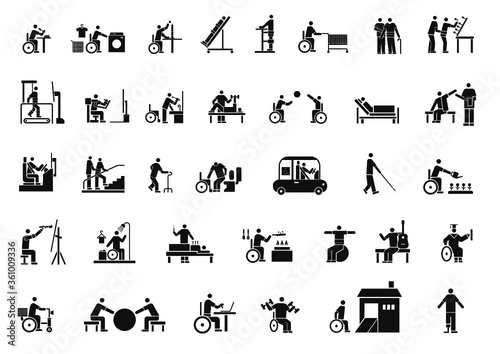 rehabilitation activities in disability icon set