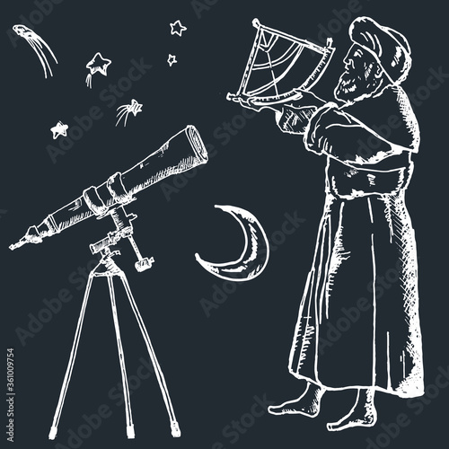 Fotobehang Astronomy sketch vector illustration of ancient astronom using sextant