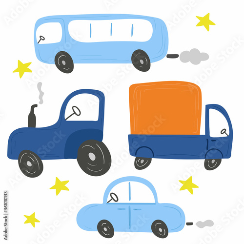 Cartoon transport set. Cars and truck, bus and concrete mixer chidish collection of hand dawn vehicle. Nursery art design, for printing on baby clothes and textiles, home decor, vector illustration