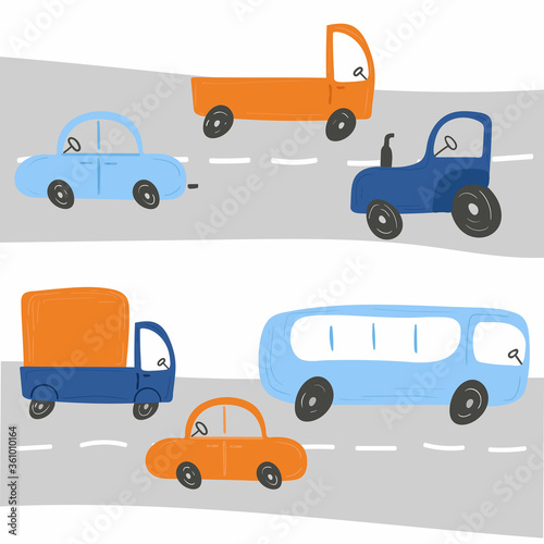 Cartoon transport set. Cars and truck, bus and concrete mixer chidish collection of hand dawn vehicle. Nursery art design, for printing on baby clothes and textiles, home decor, vector illustration