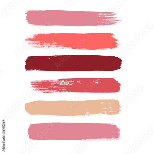 Makeup strokes, Set of lipstick swatches, Beauty and cosmetic nude, pink and red brush smudges vector background. smear make up lines collection, liquid make up texture isolated on white.