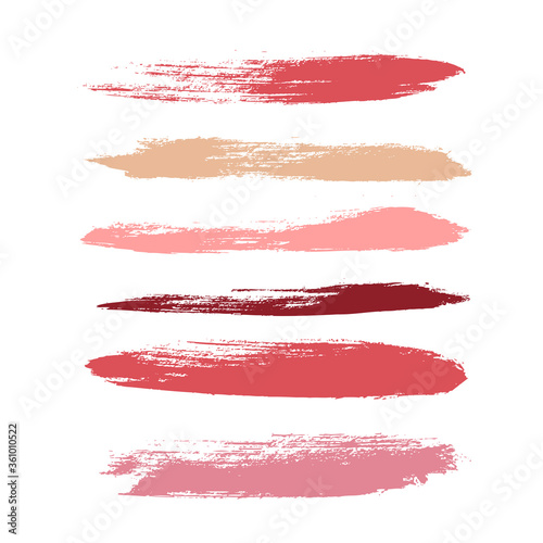 Makeup strokes, Set of lipstick swatches, Beauty and cosmetic nude, pink and red brush smudges vector background. smear make up lines collection, liquid make up texture isolated on white.