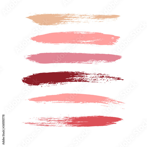 Makeup strokes, Set of lipstick swatches, Beauty and cosmetic nude, pink and red brush smudges vector background. smear make up lines collection, liquid make up texture isolated on white.