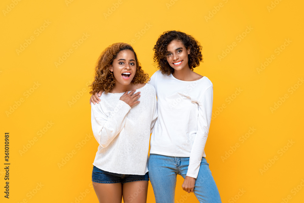 Portrait of two cheerful young African American women standing together while looking at camera in isolated studio yellow background Portrait of two cheerful young African American women standing together while looking at camera in isolated studio yellow background