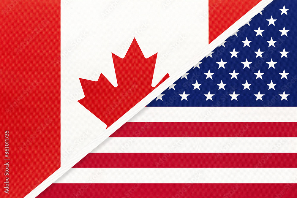 Canada and United States USA, symbol of national flags from textile ...