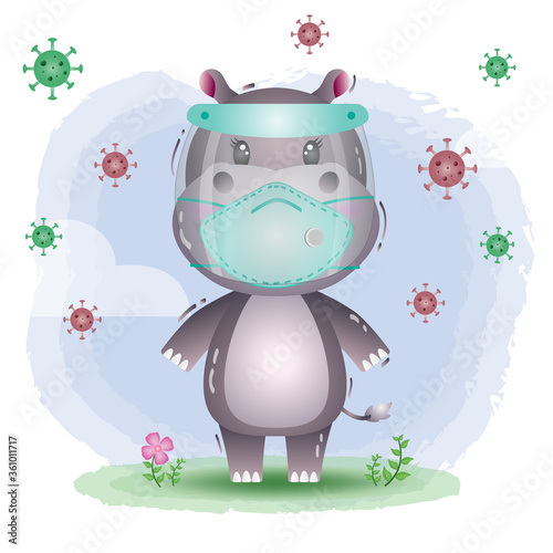 cute hippo using face shield and mask.  Covid-19,  coronavirus vector illustration