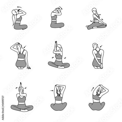 yoga pose for neck and shoulder stretching icon set